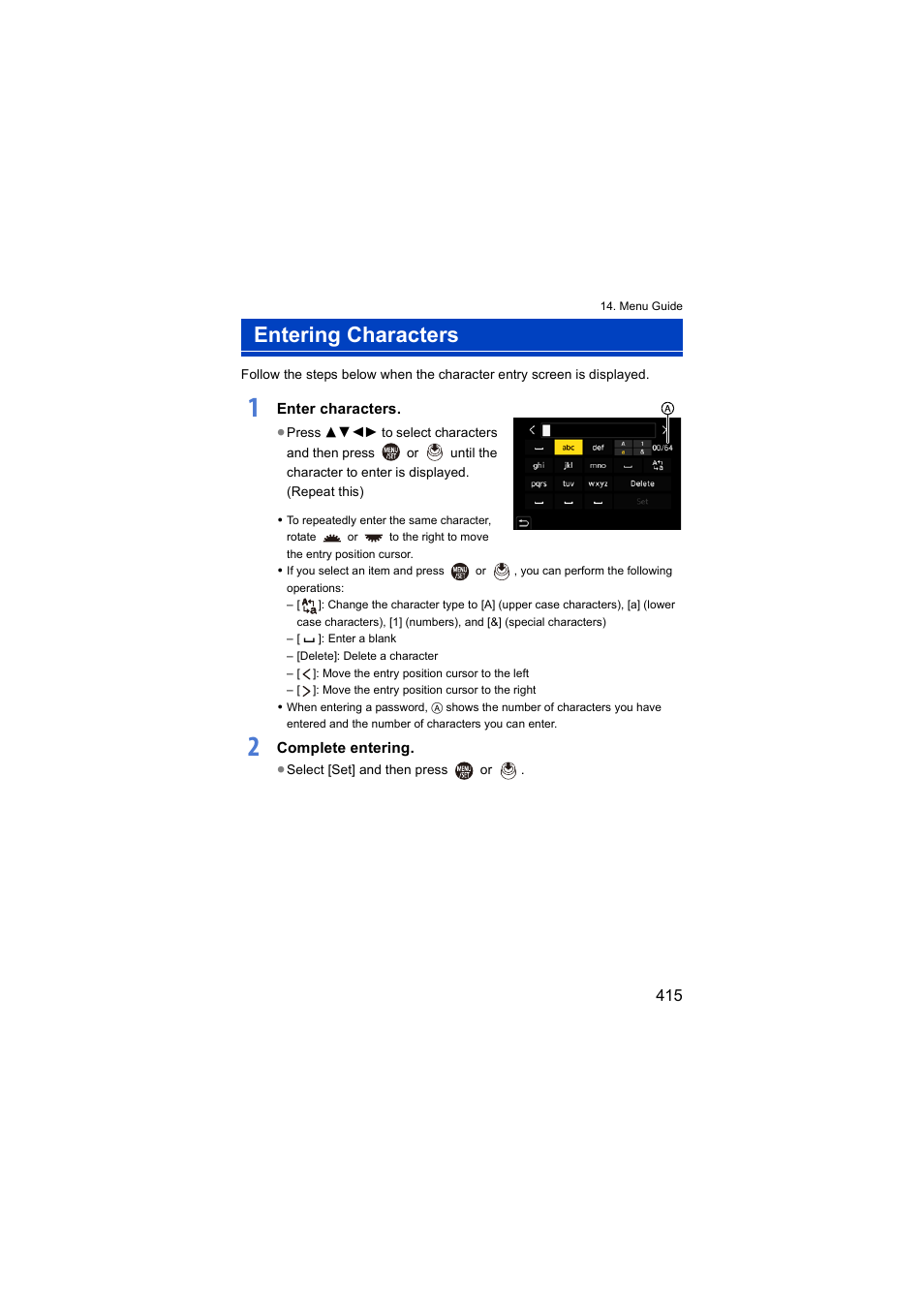 Entering characters, Haracters, Enter characters | How to enter characters | Panasonic Lumix S5 Mirrorless Camera User Manual | Page 415 / 570