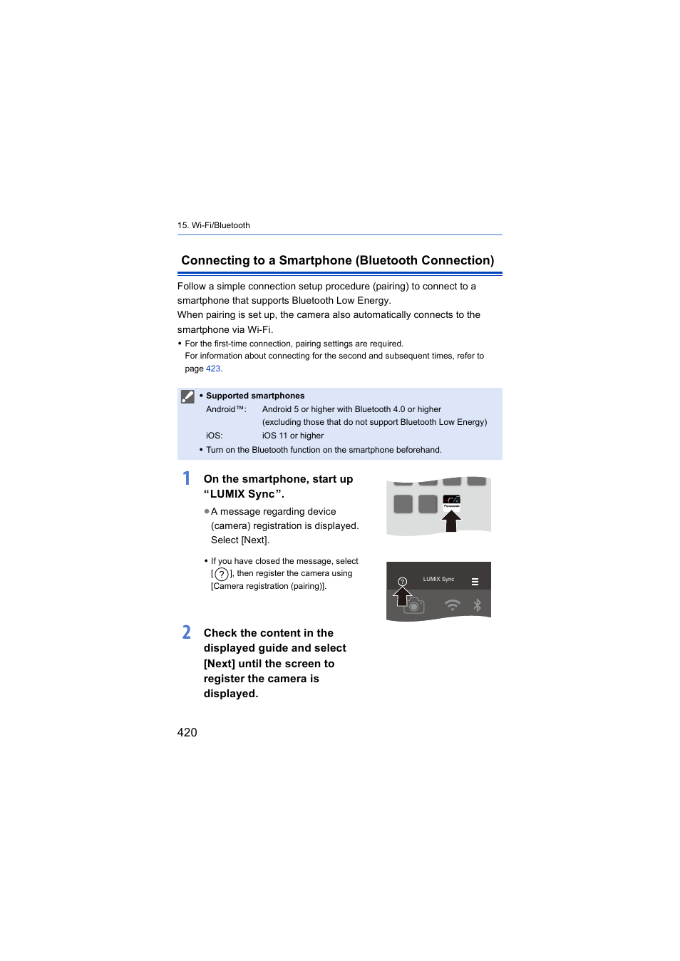 Connecting to a smartphone (bluetooth connection), Luetooth, Bluetooth connection | Panasonic Lumix S5 Mirrorless Camera User Manual | Page 420 / 570