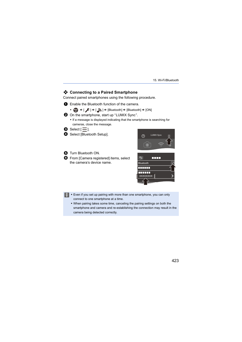 Connecting to a paired smartphone | Panasonic Lumix S5 Mirrorless Camera User Manual | Page 423 / 570