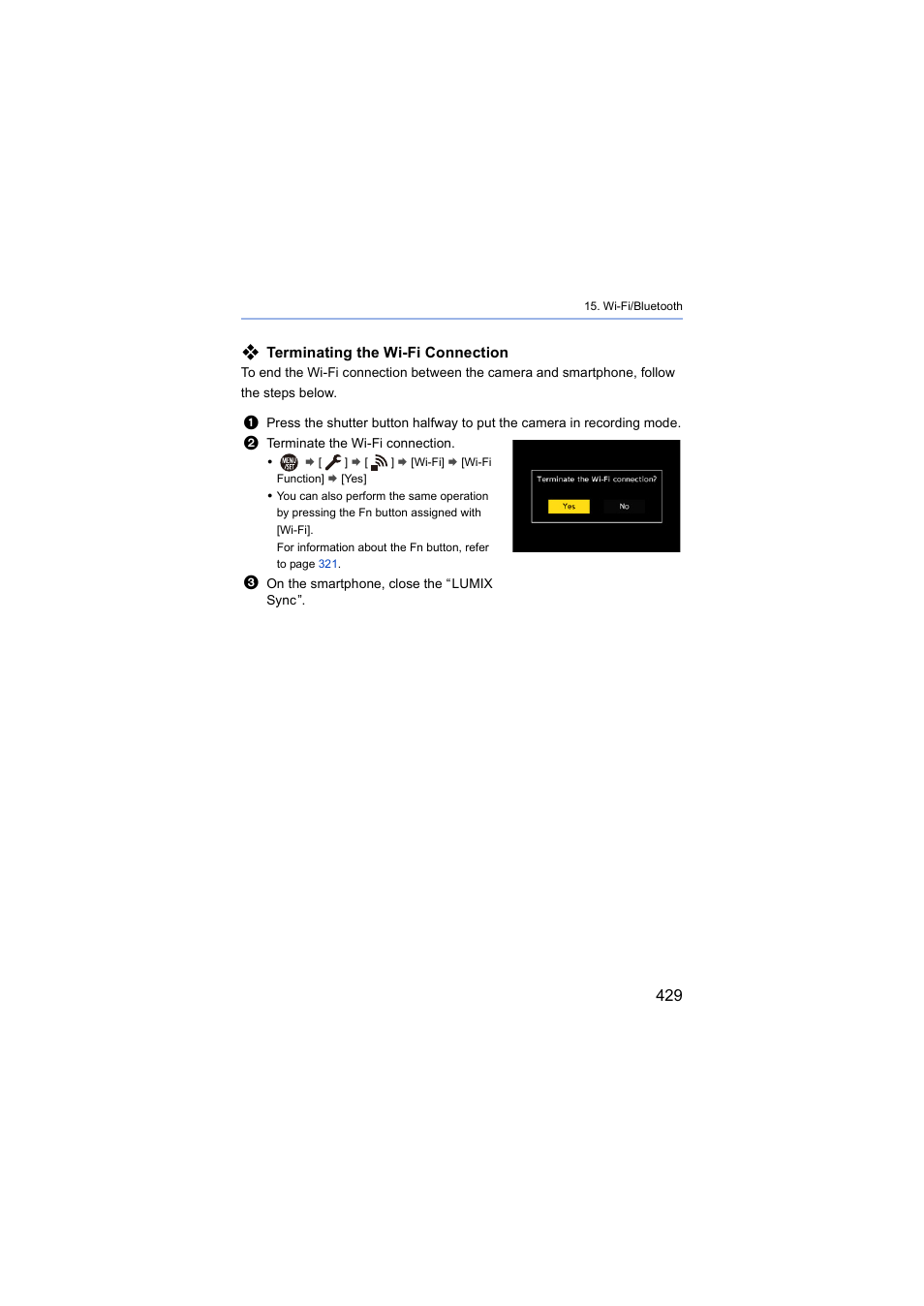 Terminating the wi-fi connection | Panasonic Lumix S5 Mirrorless Camera User Manual | Page 429 / 570