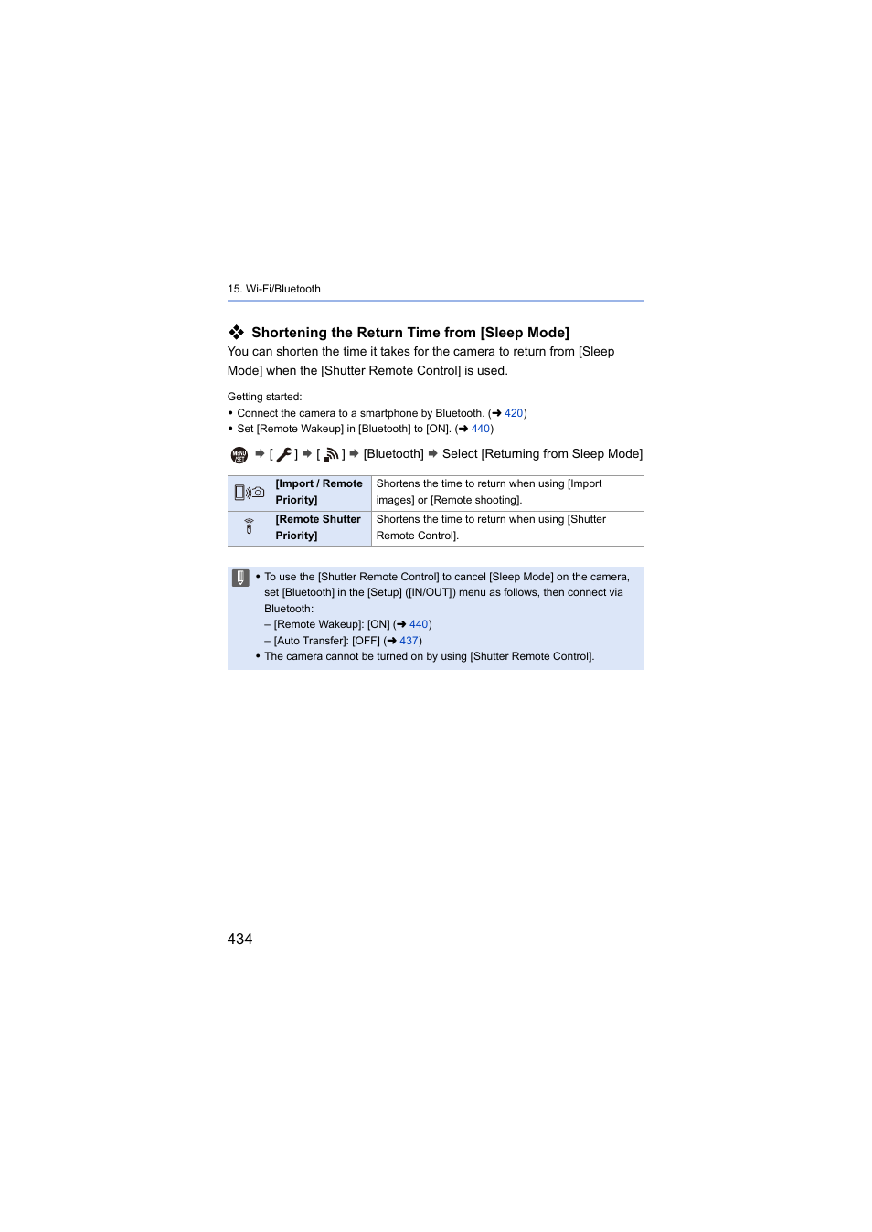 Turning from sleep mode, Shortening the return time from [sleep mode | Panasonic Lumix S5 Mirrorless Camera User Manual | Page 434 / 570