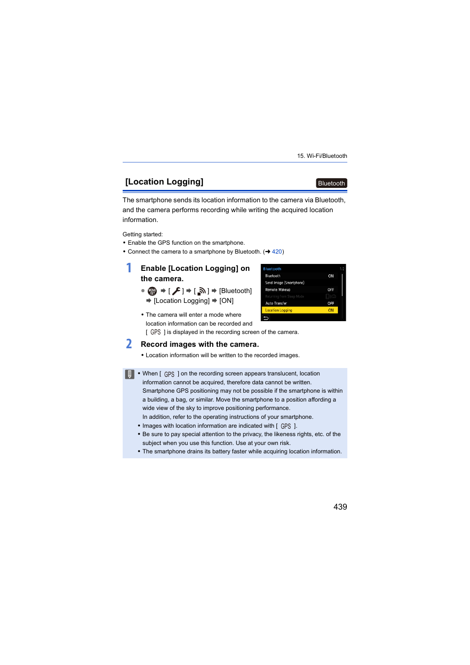 Location logging, Ocation logging | Panasonic Lumix S5 Mirrorless Camera User Manual | Page 439 / 570