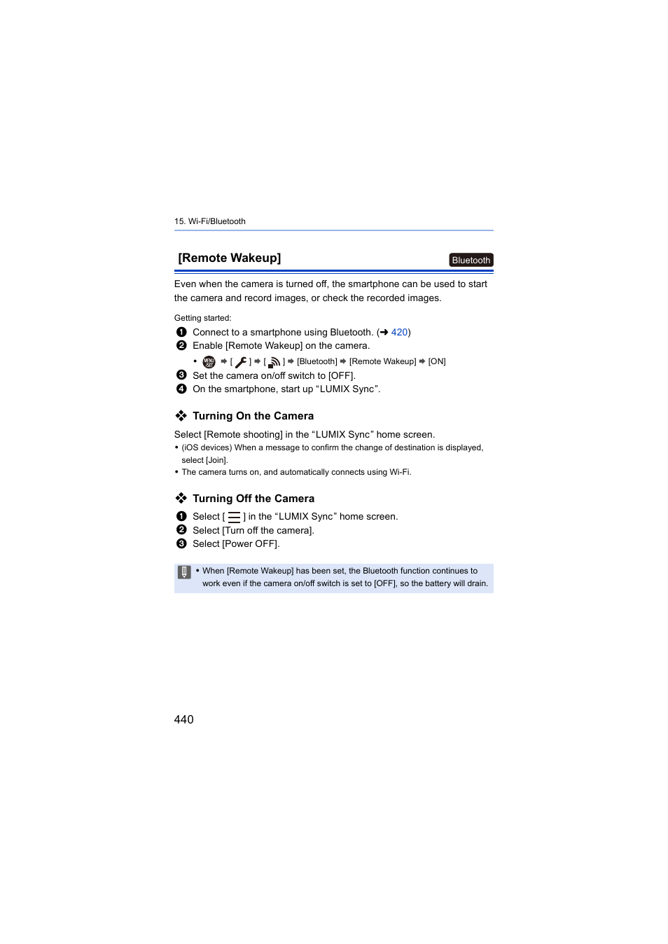 Remote wakeup, Akeup, Bluetooth] to [on | Akeup]: [on | Panasonic Lumix S5 Mirrorless Camera User Manual | Page 440 / 570