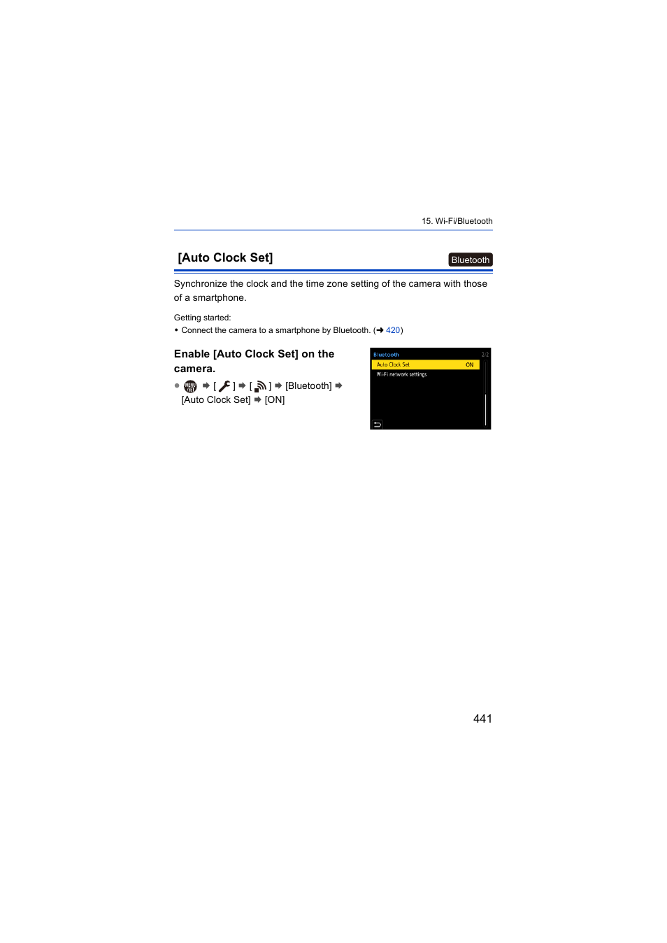 Auto clock set, Uto clock set | Panasonic Lumix S5 Mirrorless Camera User Manual | Page 441 / 570