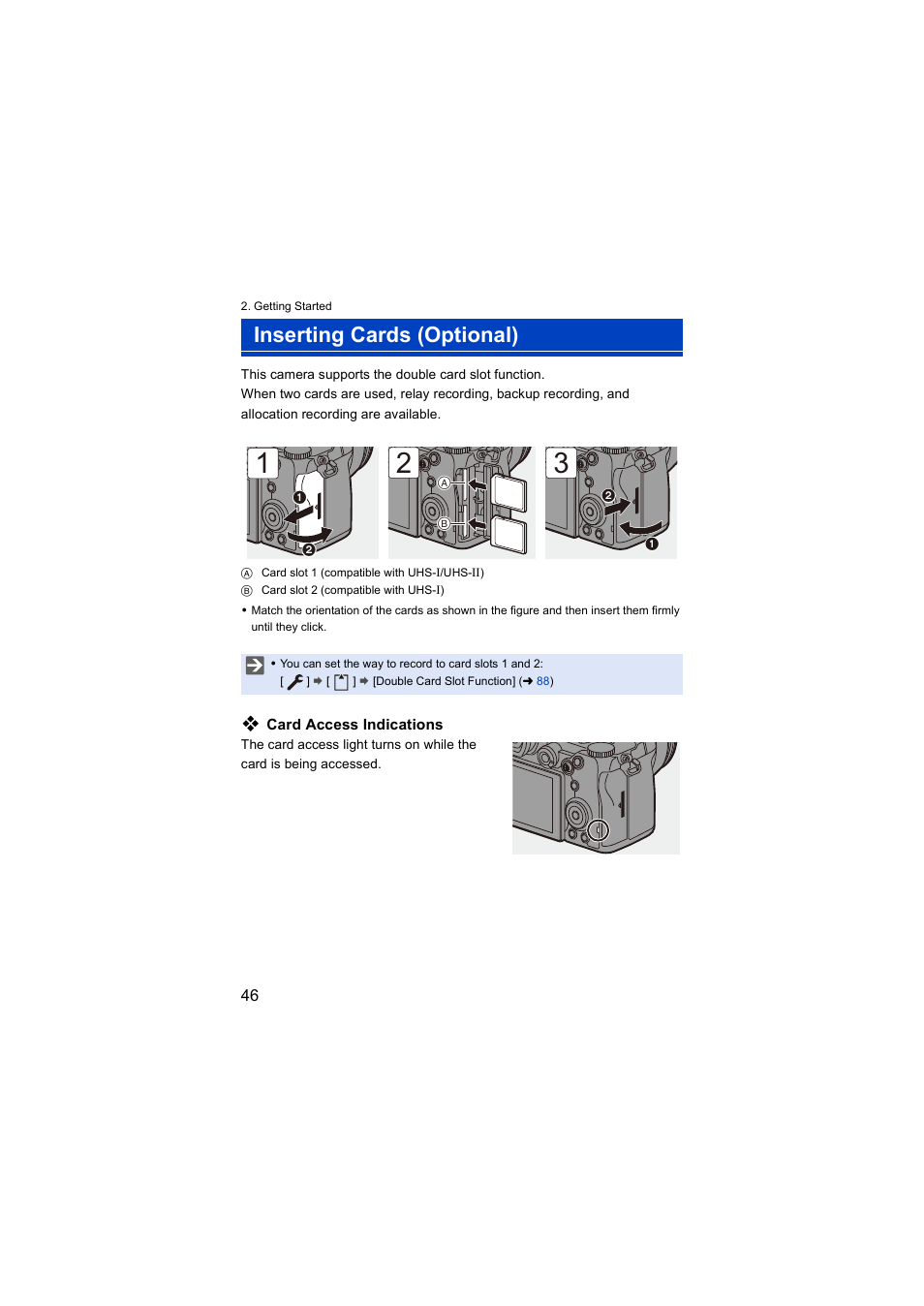 Inserting cards (optional), Card door, Card access light | Panasonic Lumix S5 Mirrorless Camera User Manual | Page 46 / 570
