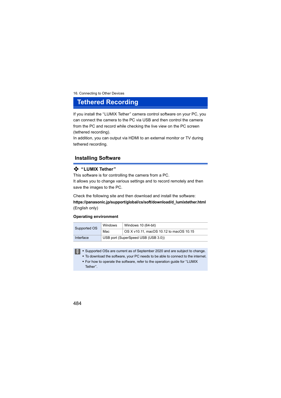 Tethered recording, Installing software | Panasonic Lumix S5 Mirrorless Camera User Manual | Page 484 / 570