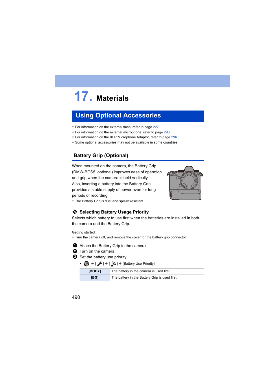 Materials, Using optional accessories, Battery grip (optional) | Materials” chapte | Panasonic Lumix S5 Mirrorless Camera User Manual | Page 490 / 570