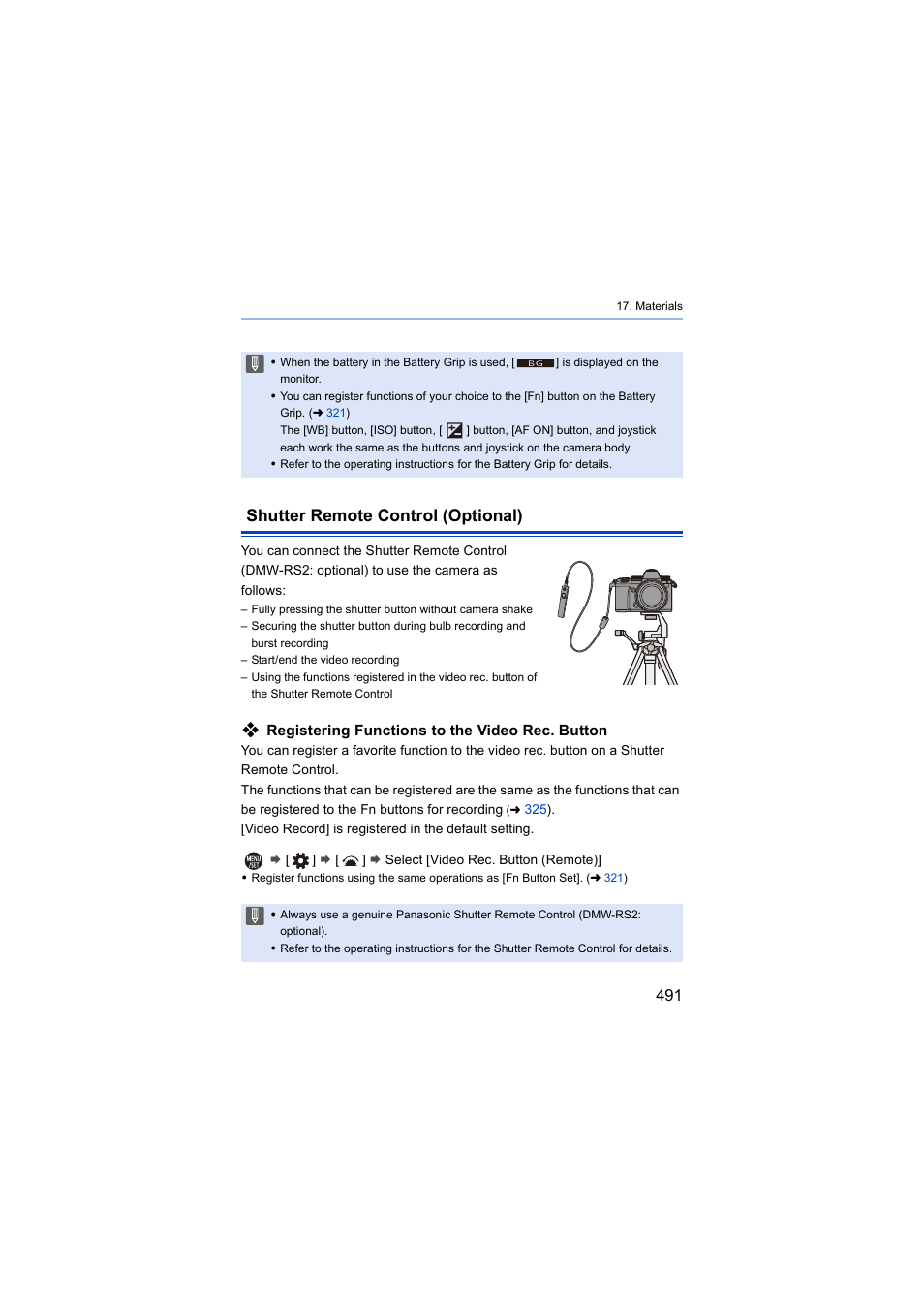 Shutter remote control (optional), Remote] socket, Registering functions to the video rec. button | Panasonic Lumix S5 Mirrorless Camera User Manual | Page 491 / 570