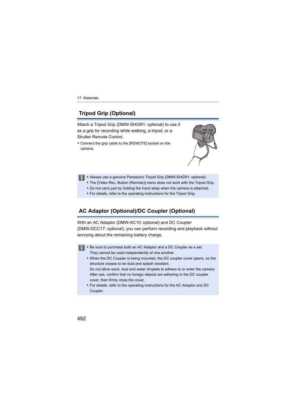 Tripod grip (optional), Ac adaptor (optional)/dc coupler (optional), Dc coupler cover | Panasonic Lumix S5 Mirrorless Camera User Manual | Page 492 / 570