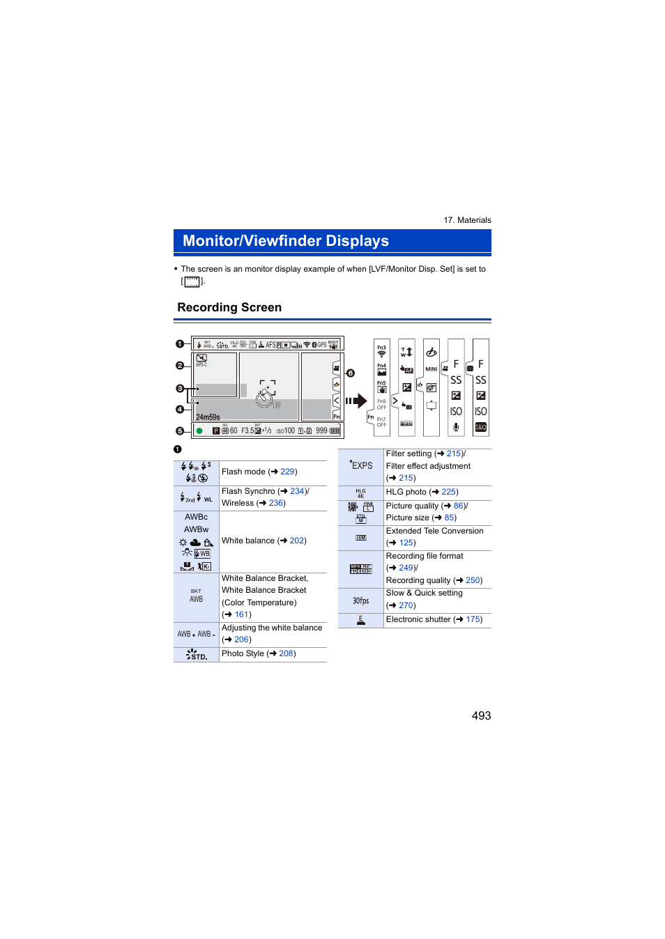 Monitor/viewfinder displays, Recording screen, Iso ss f f | Exps | Panasonic Lumix S5 Mirrorless Camera User Manual | Page 493 / 570