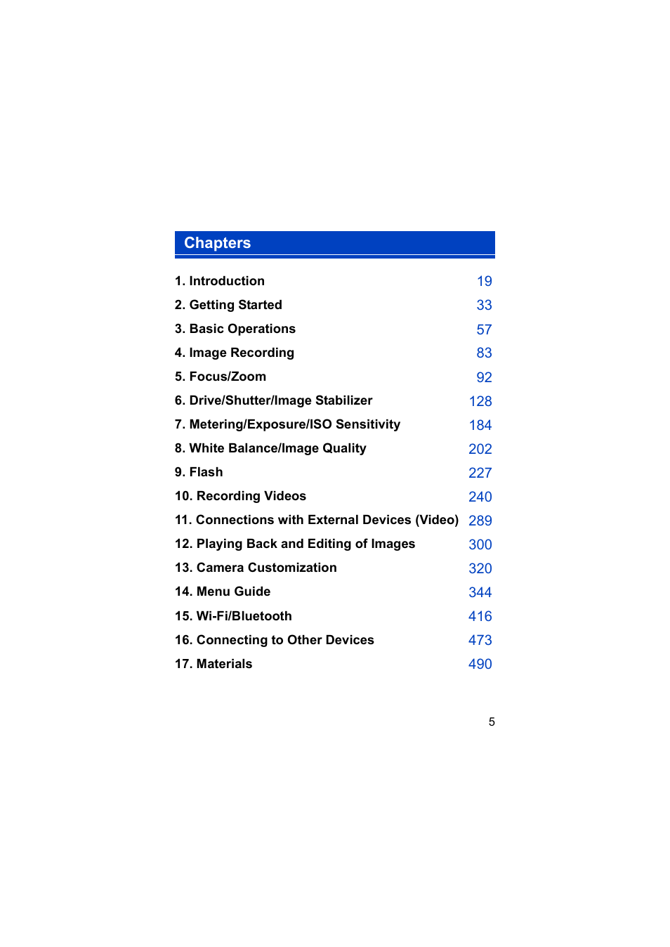 Chapters | Panasonic Lumix S5 Mirrorless Camera User Manual | Page 5 / 570