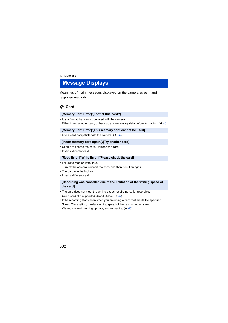 Message displays, Card | Panasonic Lumix S5 Mirrorless Camera User Manual | Page 502 / 570