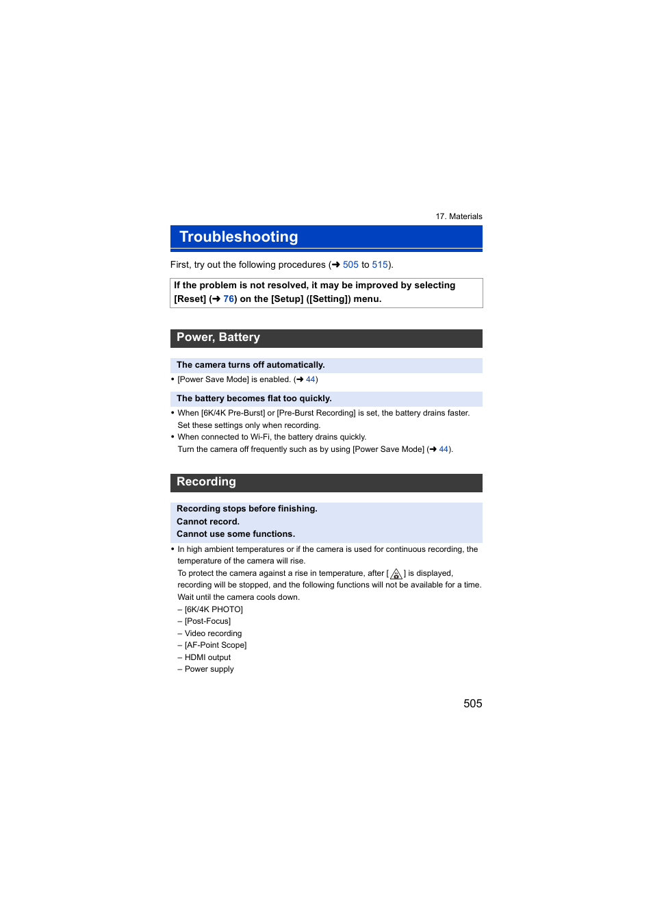 Troubleshooting, Power, battery, Recording | Panasonic Lumix S5 Mirrorless Camera User Manual | Page 505 / 570