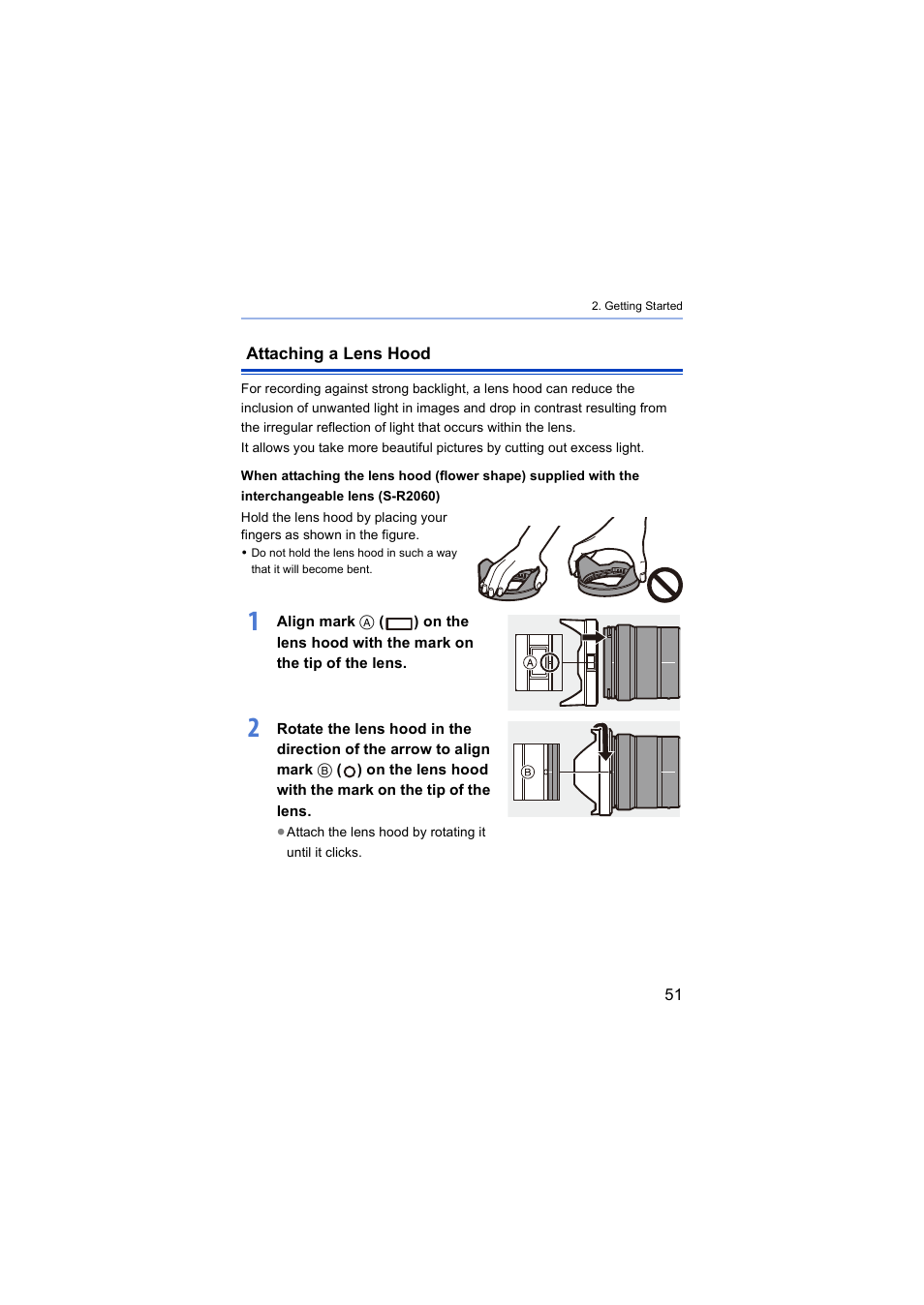 Attaching a lens hood | Panasonic Lumix S5 Mirrorless Camera User Manual | Page 51 / 570