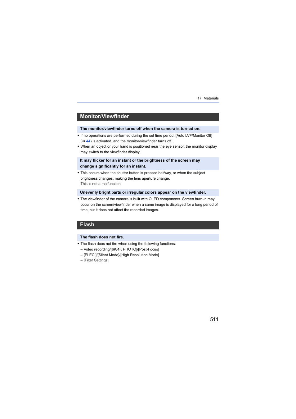 Monitor/viewfinder, Flash | Panasonic Lumix S5 Mirrorless Camera User Manual | Page 511 / 570