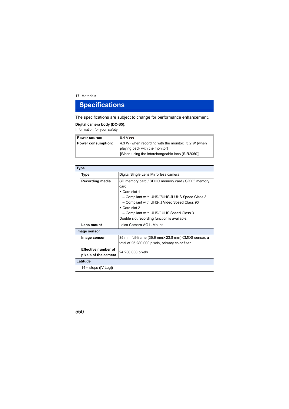 Specifications | Panasonic Lumix S5 Mirrorless Camera User Manual | Page 550 / 570