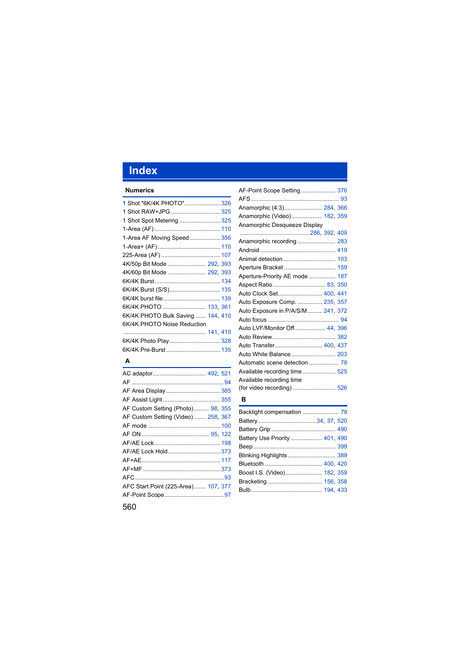 Index | Panasonic Lumix S5 Mirrorless Camera User Manual | Page 560 / 570