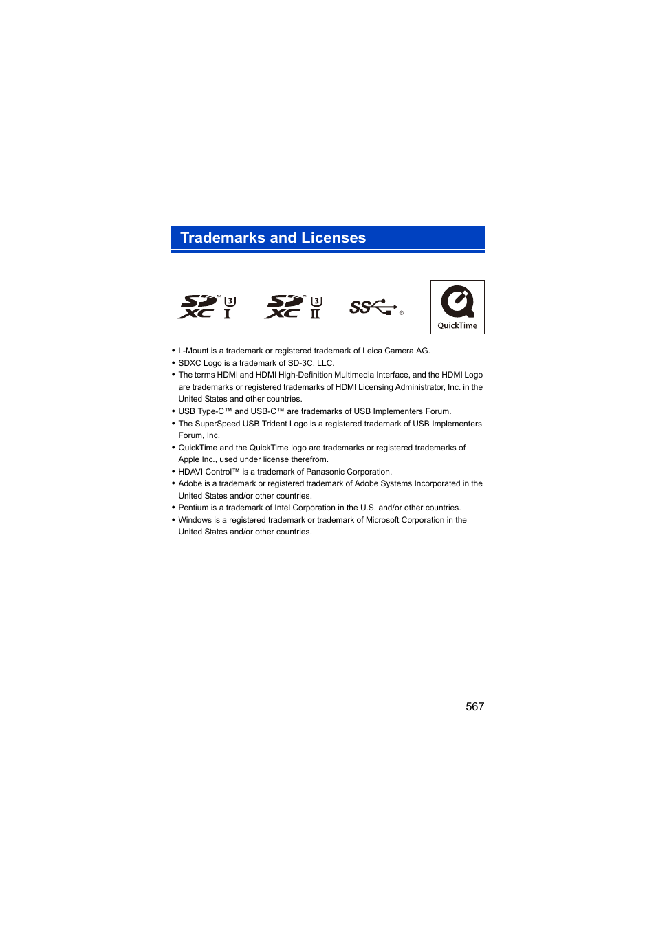 Trademarks and licenses | Panasonic Lumix S5 Mirrorless Camera User Manual | Page 567 / 570