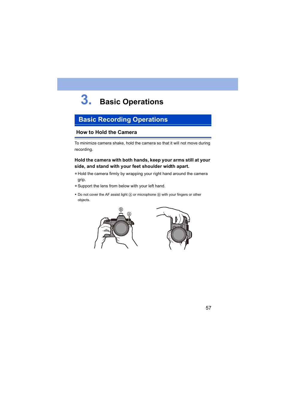 Basic operations, Basic recording operations, How to hold the camera | Panasonic Lumix S5 Mirrorless Camera User Manual | Page 57 / 570