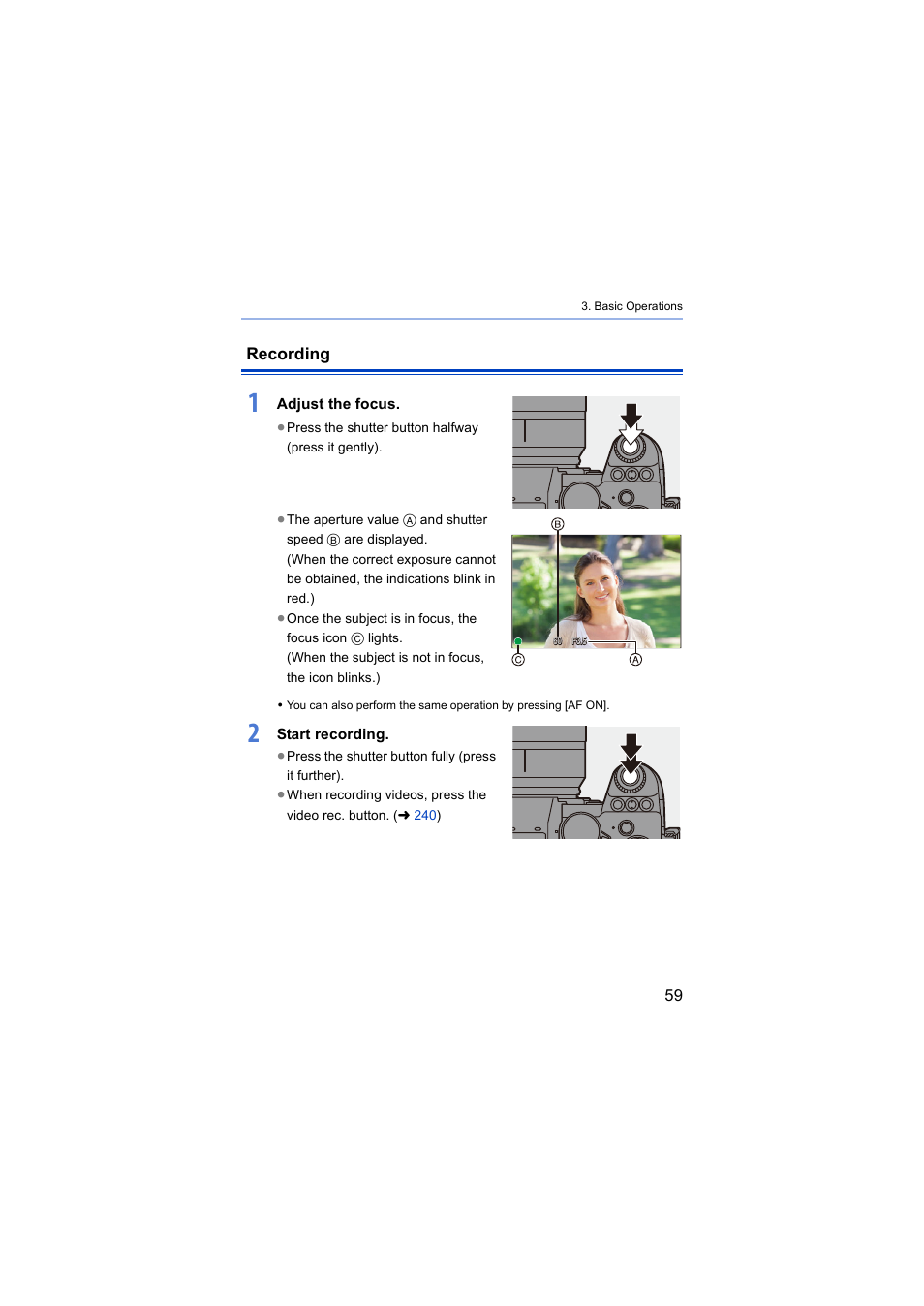 Recording, Shutter button | Panasonic Lumix S5 Mirrorless Camera User Manual | Page 59 / 570