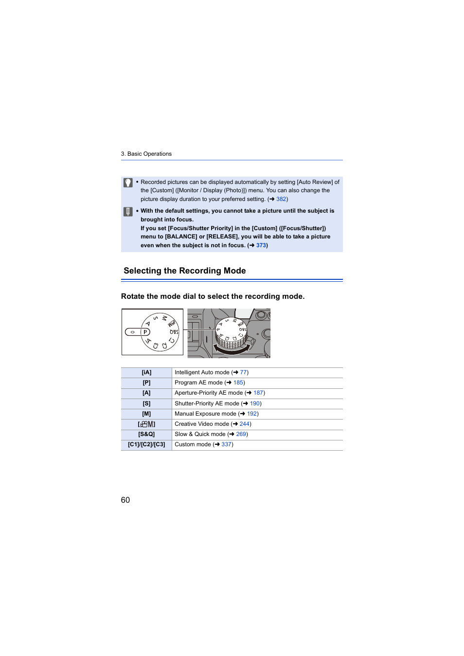 Selecting the recording mode, Mode dial, Rotate the mode dial to select the recording mode | Panasonic Lumix S5 Mirrorless Camera User Manual | Page 60 / 570