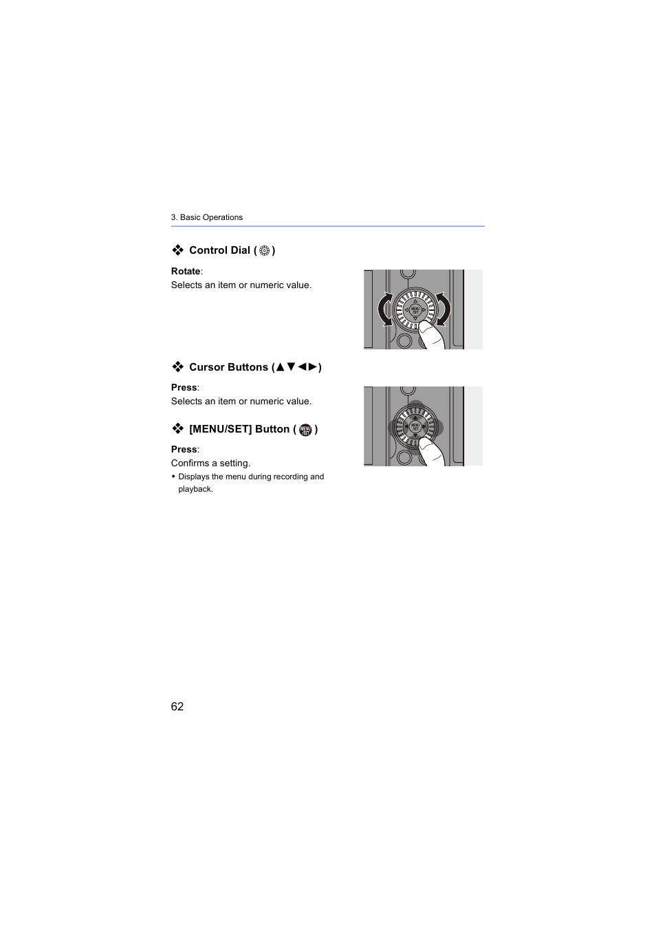 Cursor buttons, Control dial, Menu/set] button | Panasonic Lumix S5 Mirrorless Camera User Manual | Page 62 / 570