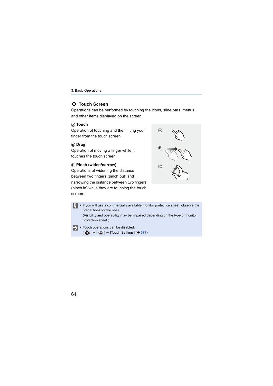 Ouch screen, Touch screen | Panasonic Lumix S5 Mirrorless Camera User Manual | Page 64 / 570