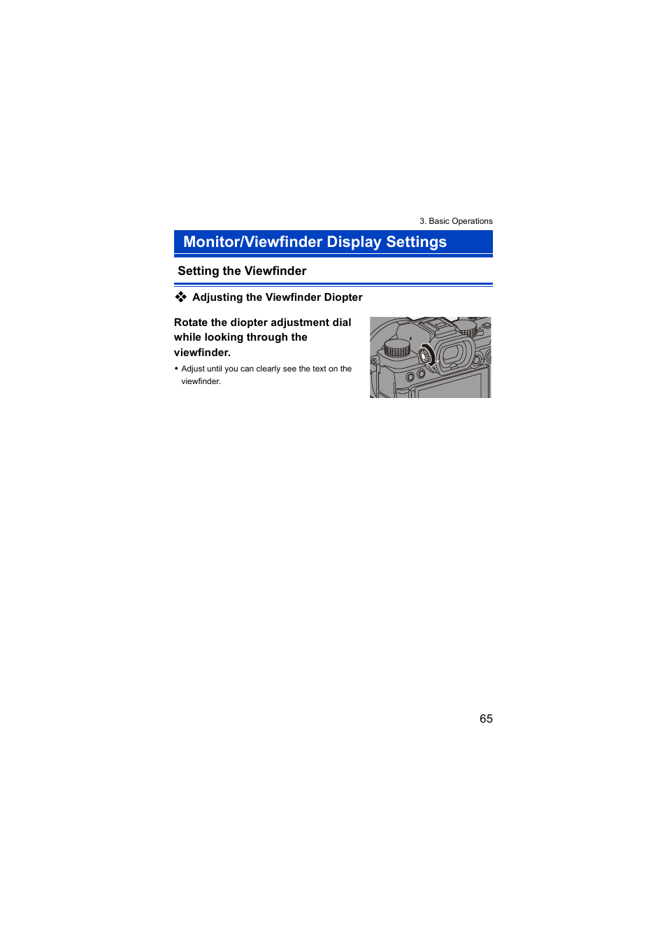 Monitor/viewfinder display settings, Setting the viewfinder, Diopter adjustment dial | Panasonic Lumix S5 Mirrorless Camera User Manual | Page 65 / 570