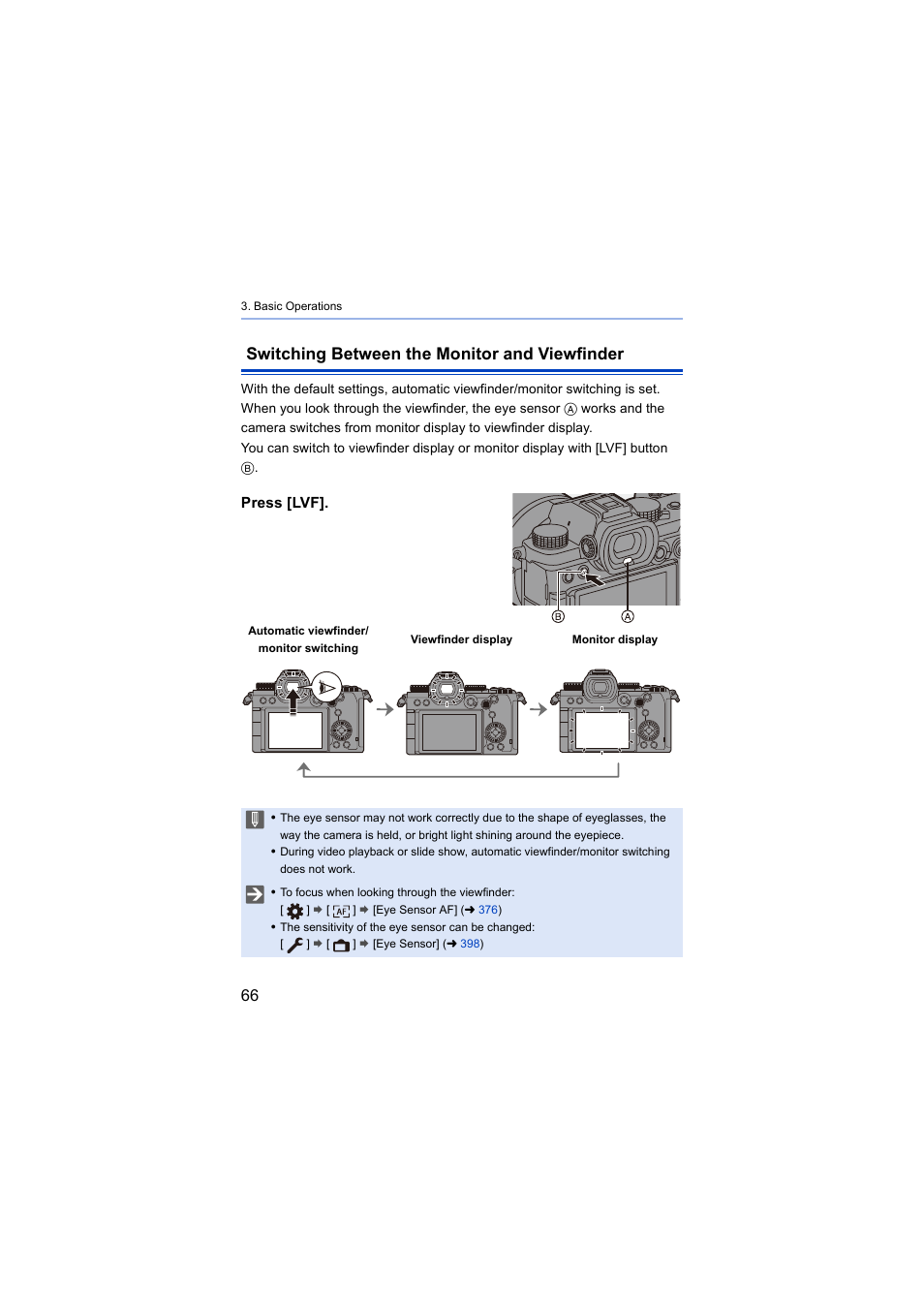 Switching between the monitor and viewfinder, Vf] button, Eye sensor | Press [lvf | Panasonic Lumix S5 Mirrorless Camera User Manual | Page 66 / 570