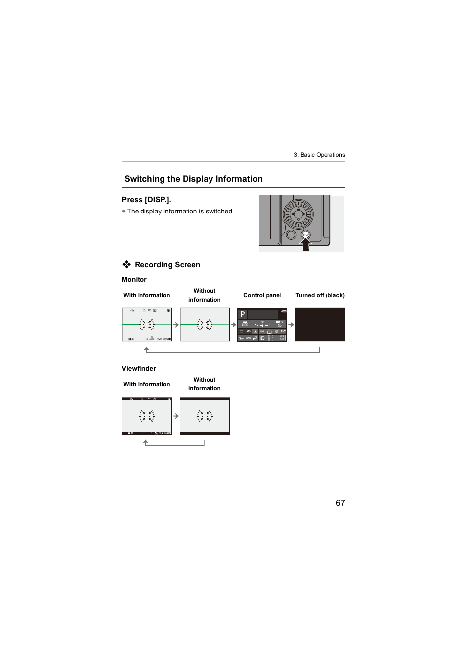 Switching the display information, Button, Panel | Is displayed, Press [disp, Recording screen, The display information is switched, Monitor viewfinder, Basic operations | Panasonic Lumix S5 Mirrorless Camera User Manual | Page 67 / 570