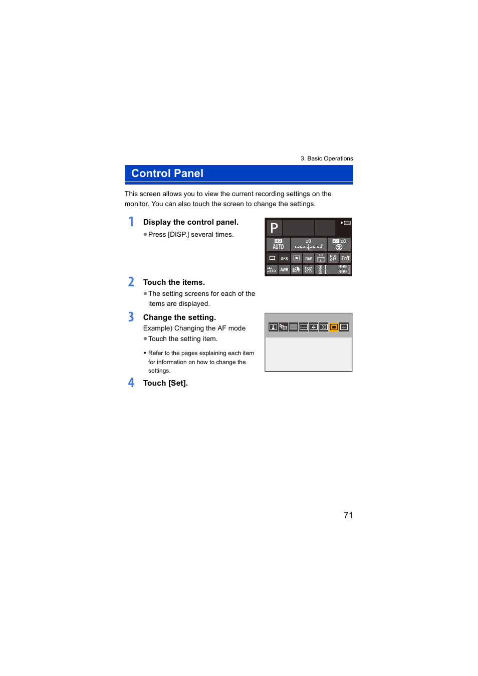 Control panel, Anel operation | Panasonic Lumix S5 Mirrorless Camera User Manual | Page 71 / 570