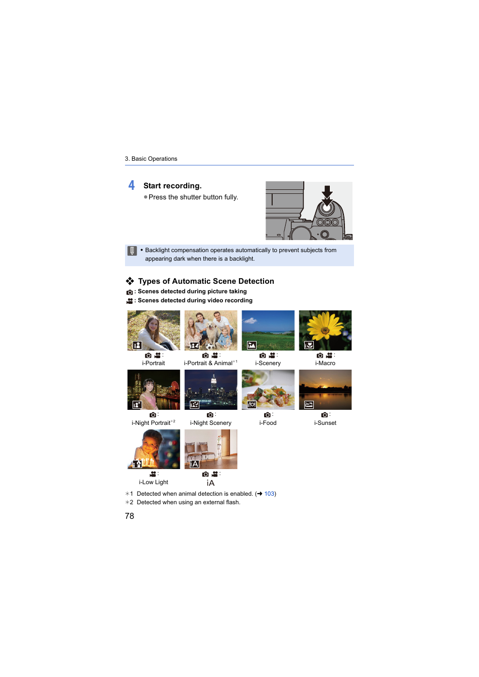 Start recording, Types of automatic scene detection | Panasonic Lumix S5 Mirrorless Camera User Manual | Page 78 / 570