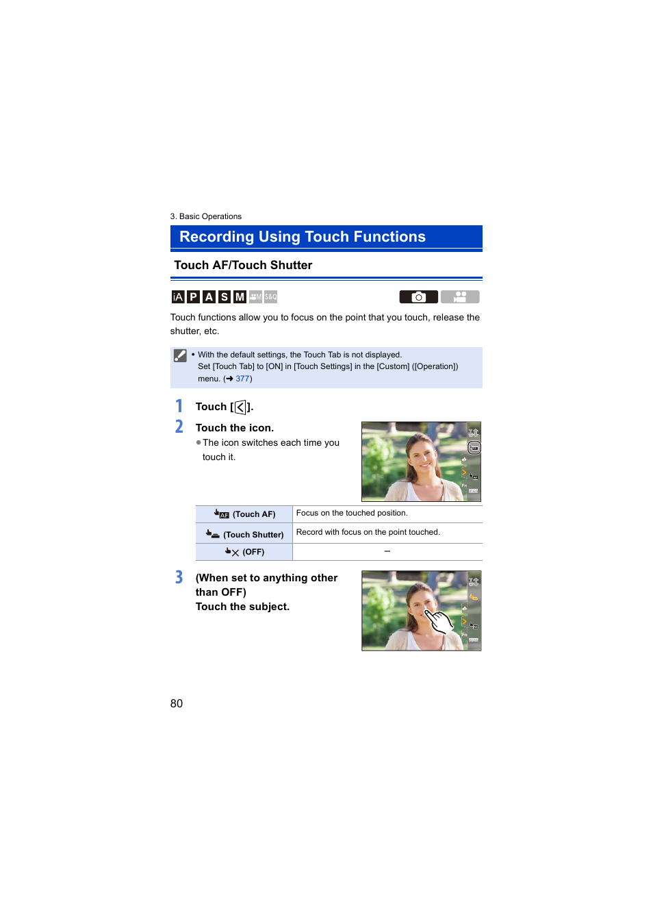 Recording using touch functions, Touch af/touch shutter | Panasonic Lumix S5 Mirrorless Camera User Manual | Page 80 / 570