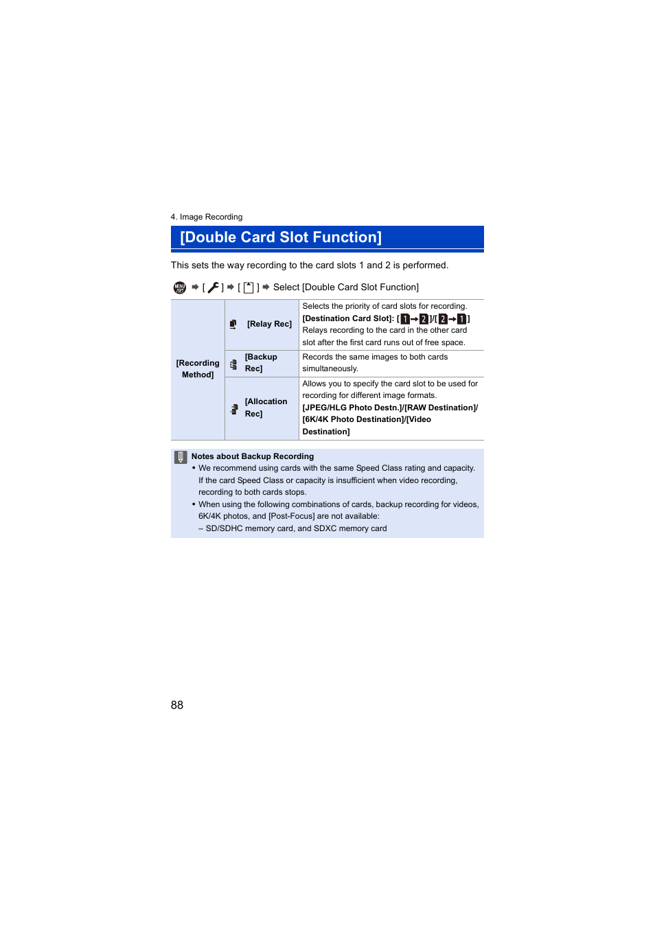 Double card slot function | Panasonic Lumix S5 Mirrorless Camera User Manual | Page 88 / 570