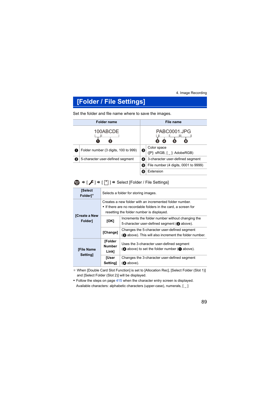 Folder / file settings, 100abcde, Pabc0001.jpg | Panasonic Lumix S5 Mirrorless Camera User Manual | Page 89 / 570