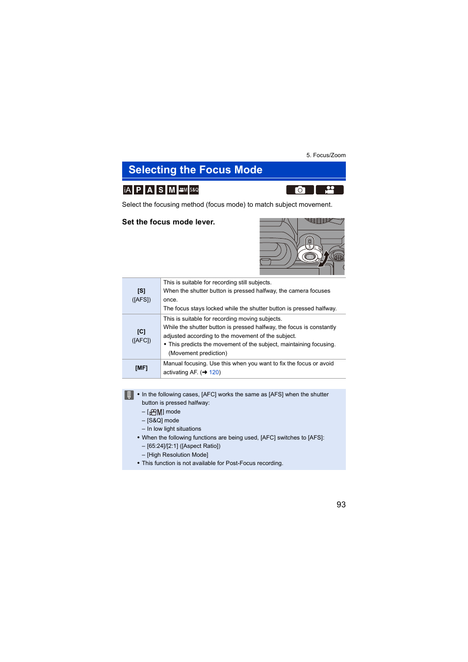 Selecting the focus mode, Lever, Set the focus mode lever | Panasonic Lumix S5 Mirrorless Camera User Manual | Page 93 / 570