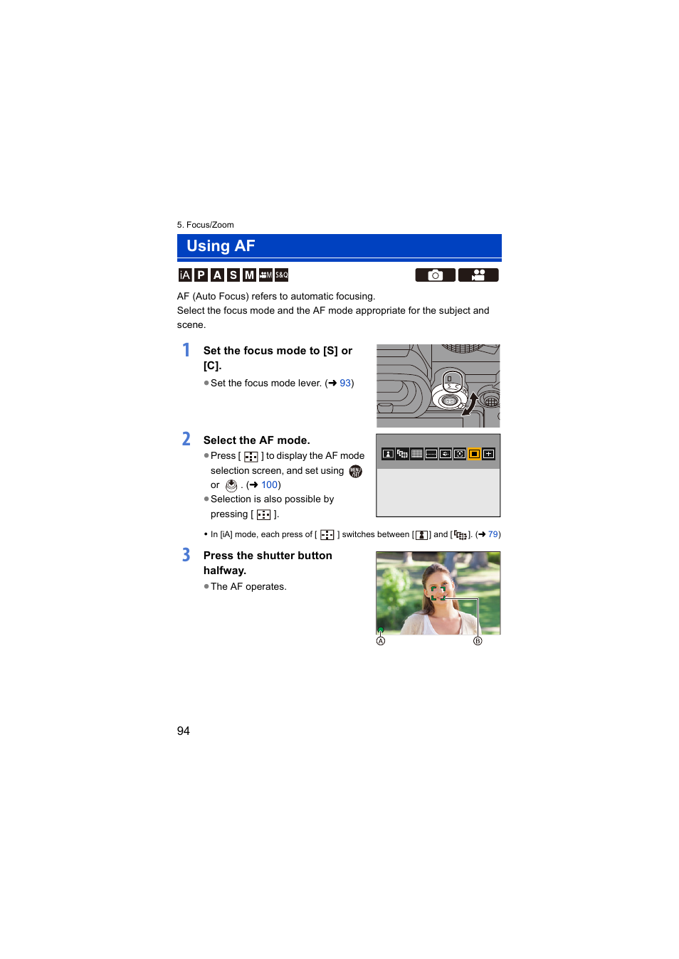Using af, Af/mf] switch | Panasonic Lumix S5 Mirrorless Camera User Manual | Page 94 / 570