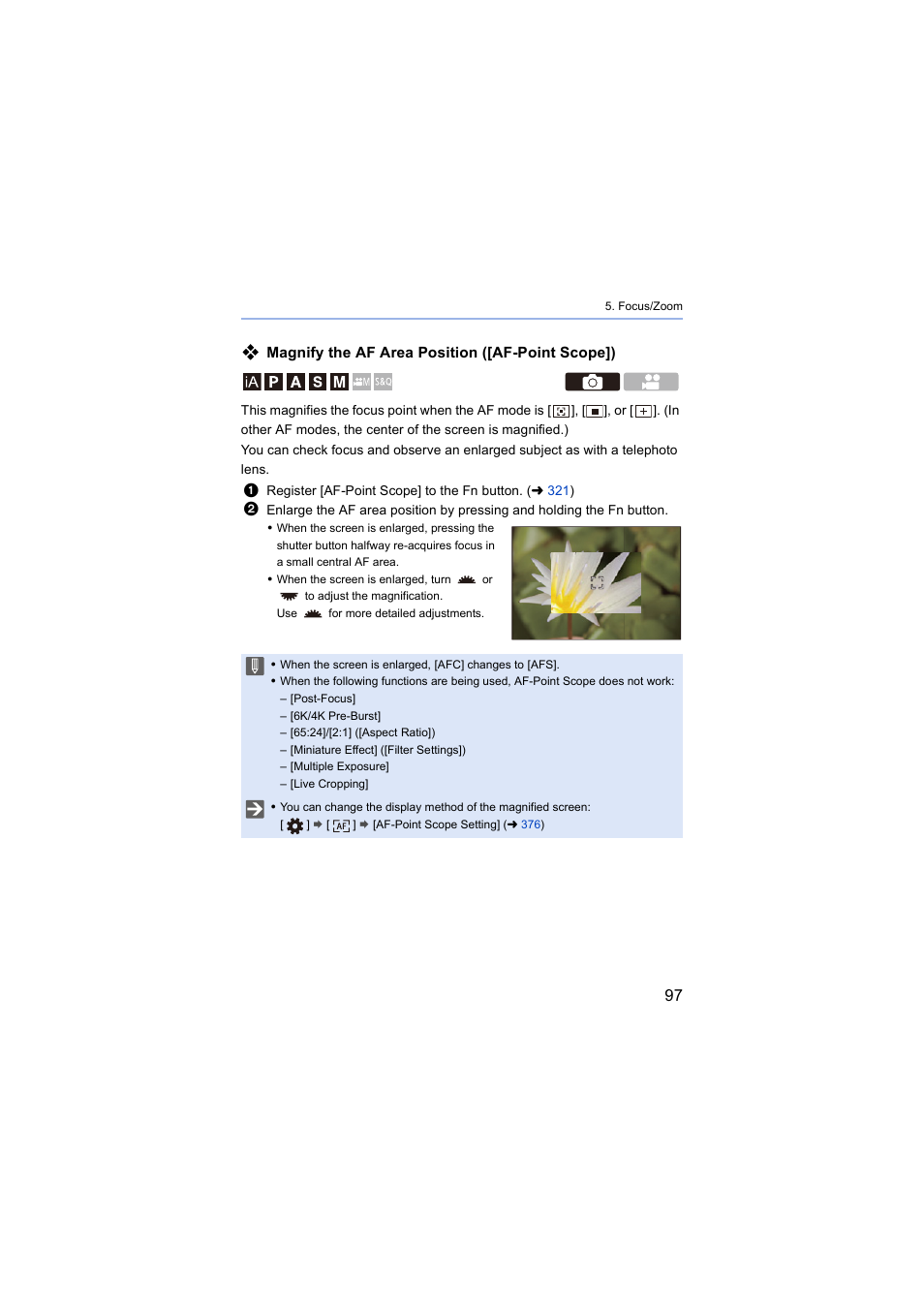 Magnify the af area position ([af-point scope]) | Panasonic Lumix S5 Mirrorless Camera User Manual | Page 97 / 570