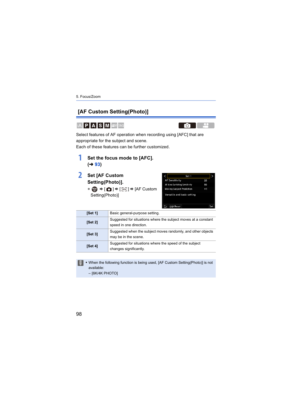 Af custom setting(photo), Setting(photo) | Panasonic Lumix S5 Mirrorless Camera User Manual | Page 98 / 570