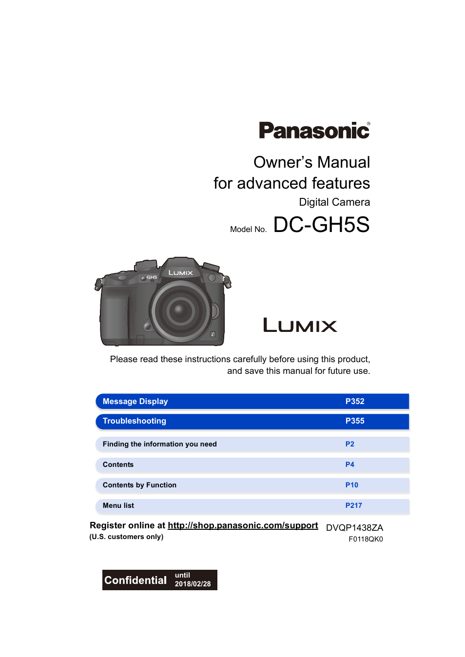 Panasonic Lumix GH5S Mirrorless Camera User Manual | 372 pages