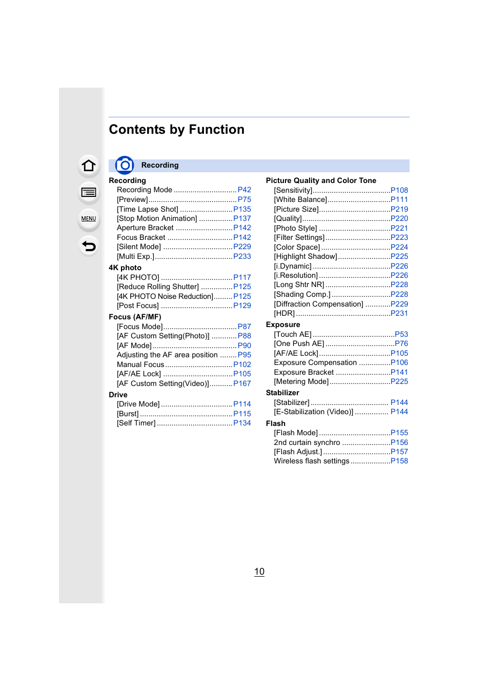 Contents by function | Panasonic Lumix GH5S Mirrorless Camera User Manual | Page 10 / 372