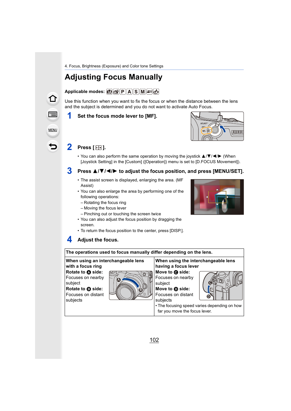 Adjusting focus manually, P102 | Panasonic Lumix GH5S Mirrorless Camera User Manual | Page 102 / 372