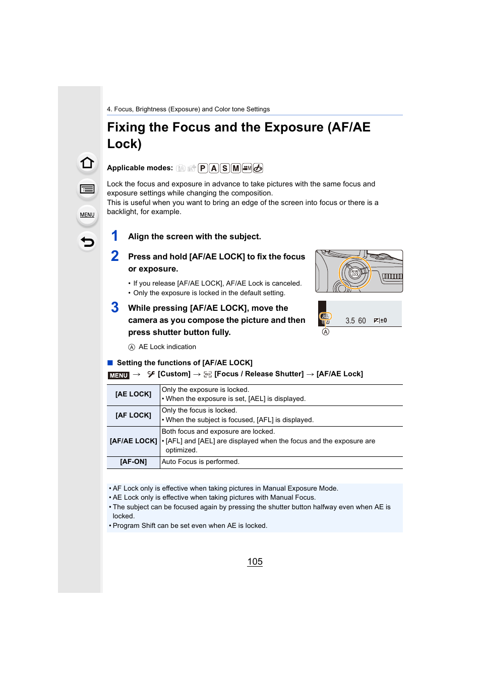 Fixing the focus and the exposure (af/ae lock), P105, F/ae lock] button | P105) | Panasonic Lumix GH5S Mirrorless Camera User Manual | Page 105 / 372