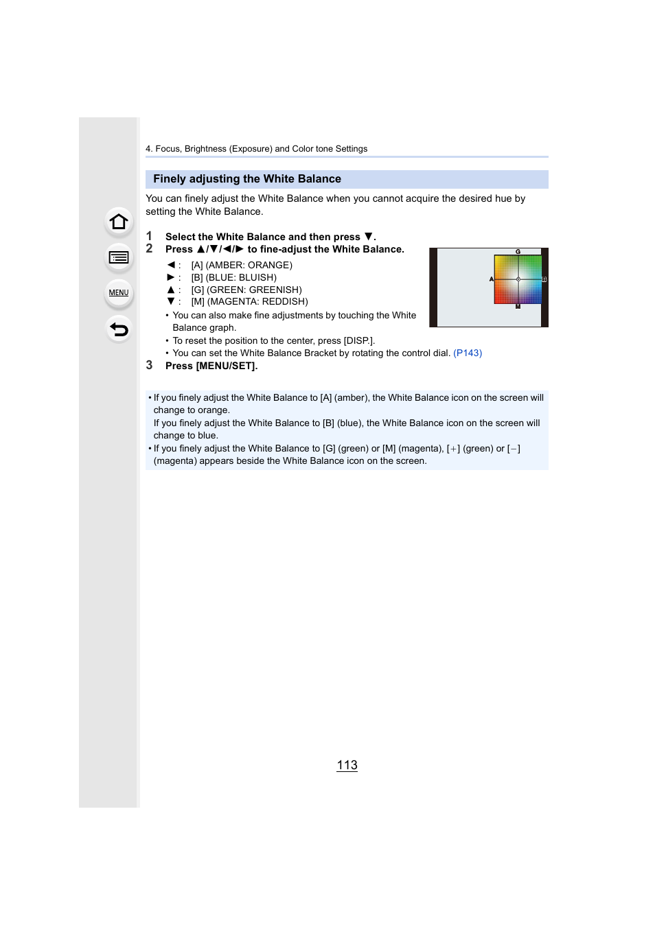 Finely adjusting the white balance | Panasonic Lumix GH5S Mirrorless Camera User Manual | Page 113 / 372