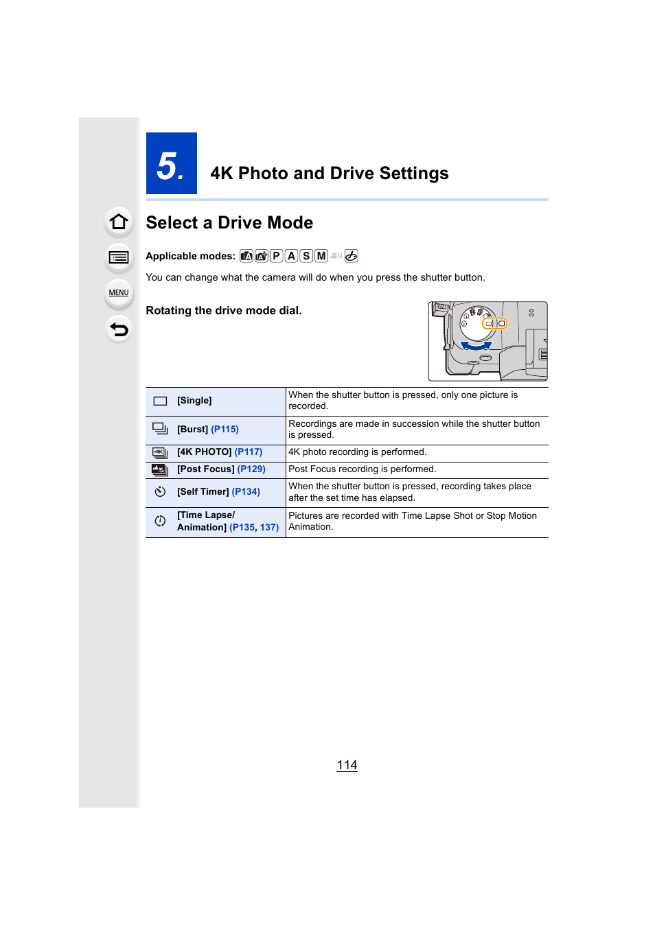 4k photo and drive settings, Select a drive mode, P114 | P114), 4k photo and drive settings select a drive mode | Panasonic Lumix GH5S Mirrorless Camera User Manual | Page 114 / 372