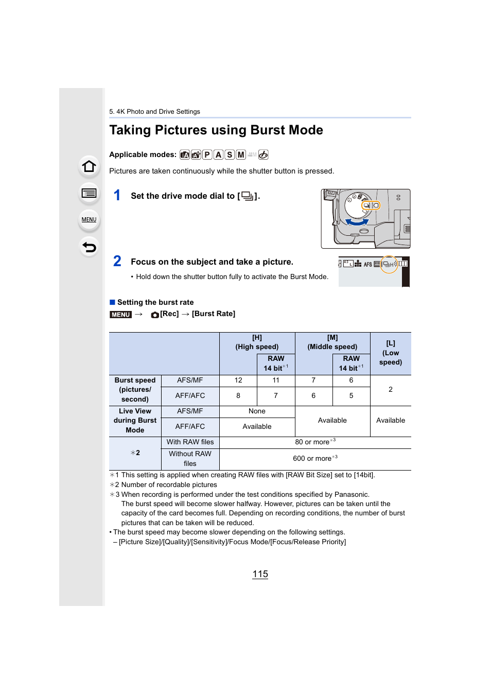 Taking pictures using burst mode, P115, P115) | Set the drive mode dial to, Focus on the subject and take a picture | Panasonic Lumix GH5S Mirrorless Camera User Manual | Page 115 / 372