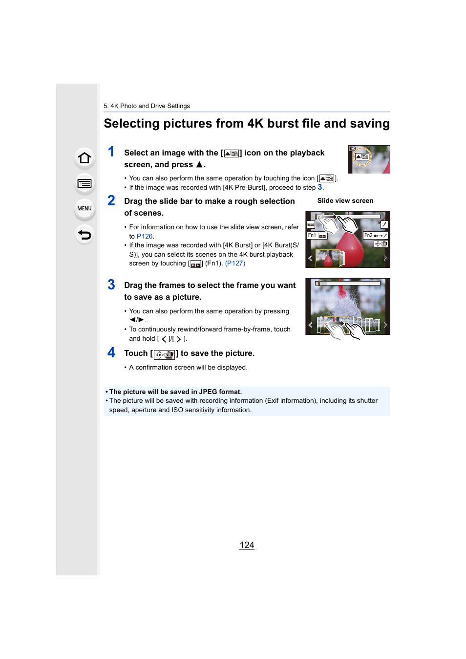 Selecting pictures from 4k burst file and saving, P124 | Panasonic Lumix GH5S Mirrorless Camera User Manual | Page 124 / 372