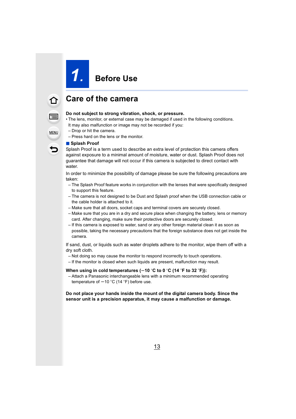 Before use, Care of the camera, Before use care of the camera | Panasonic Lumix GH5S Mirrorless Camera User Manual | Page 13 / 372