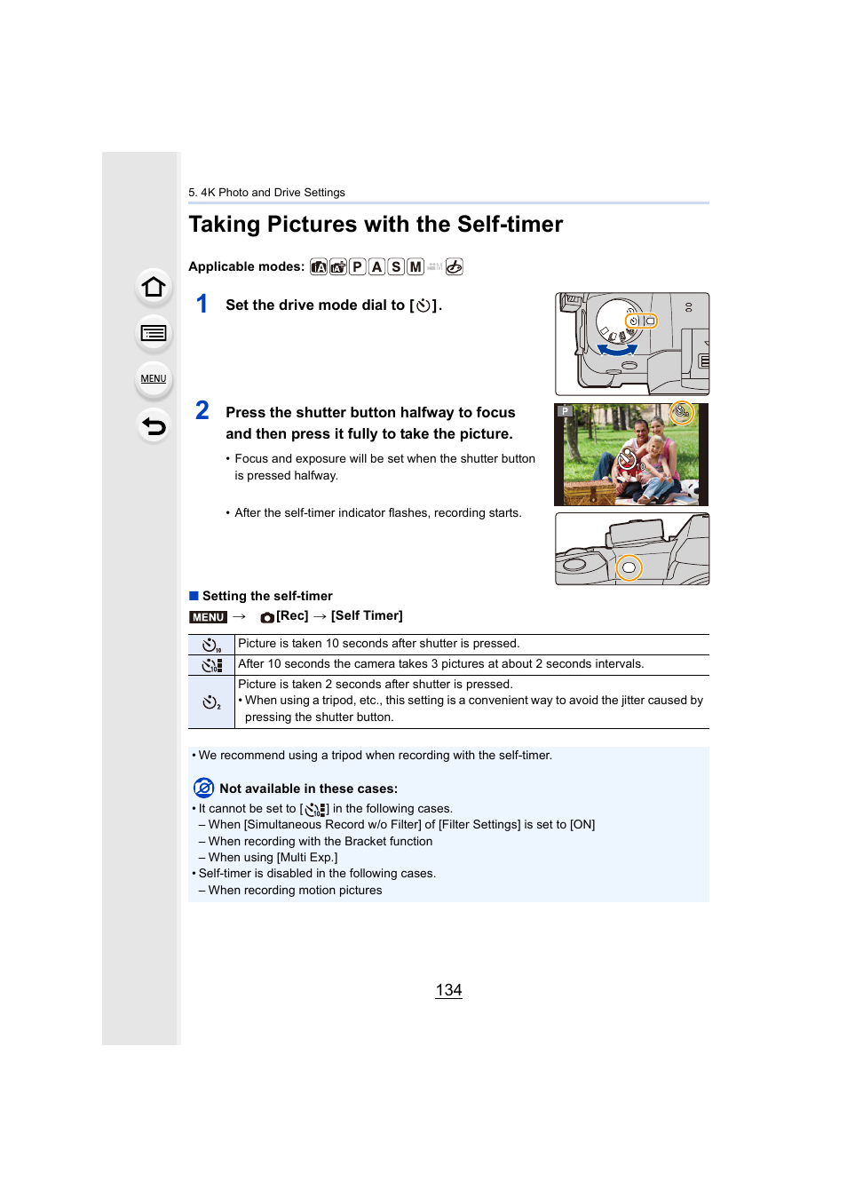 Taking pictures with the self-timer, P134, P134) | Panasonic Lumix GH5S Mirrorless Camera User Manual | Page 134 / 372