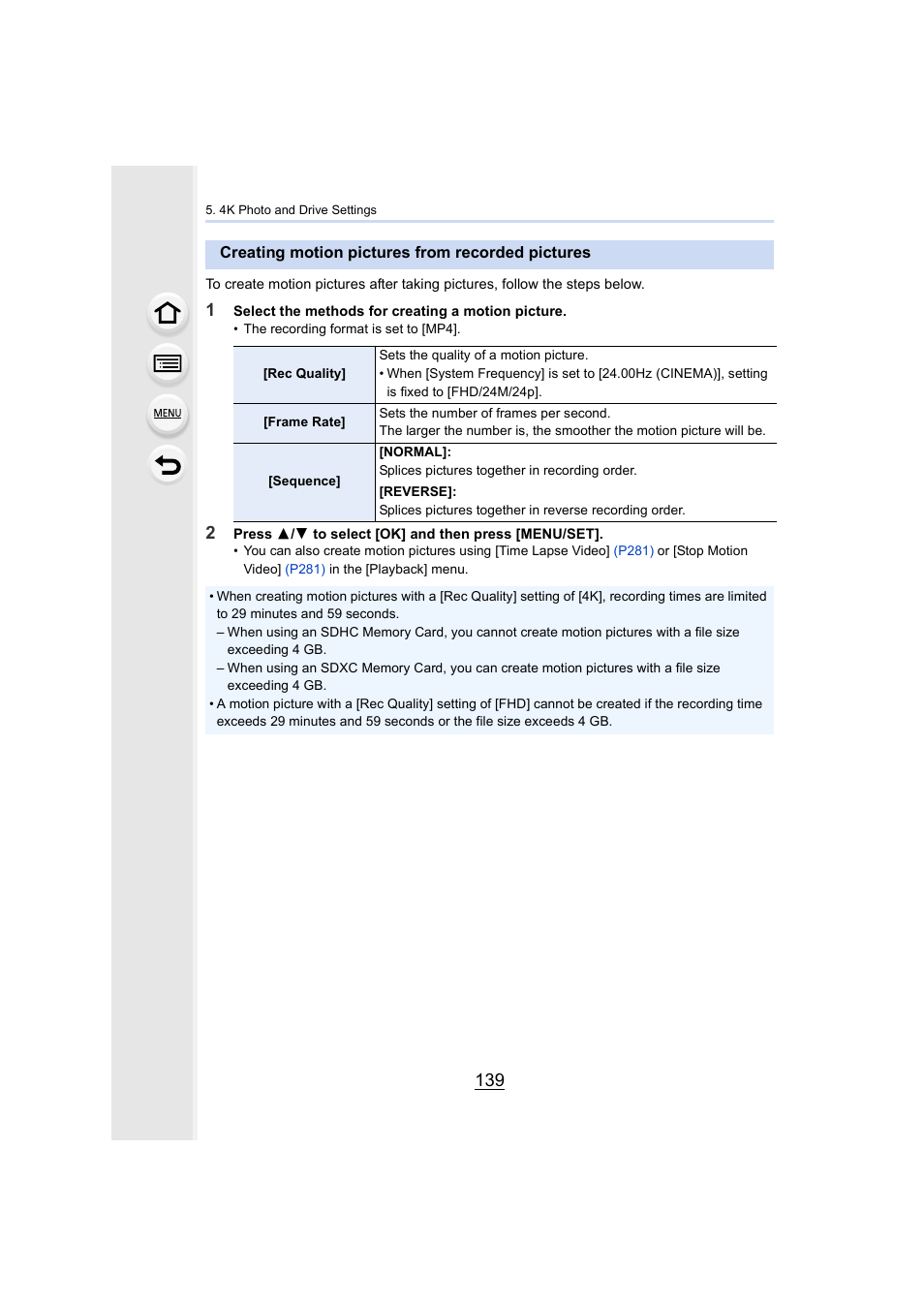 Creating motion pictures from recorded pictures | Panasonic Lumix GH5S Mirrorless Camera User Manual | Page 139 / 372